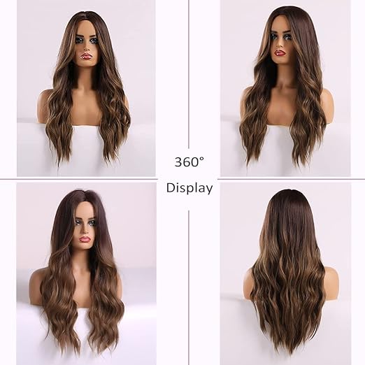 باروكة بنية للنساء، باروكة أومبري طويلة ومموجة