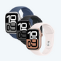 Four smartwatches with different colored bands on a white background